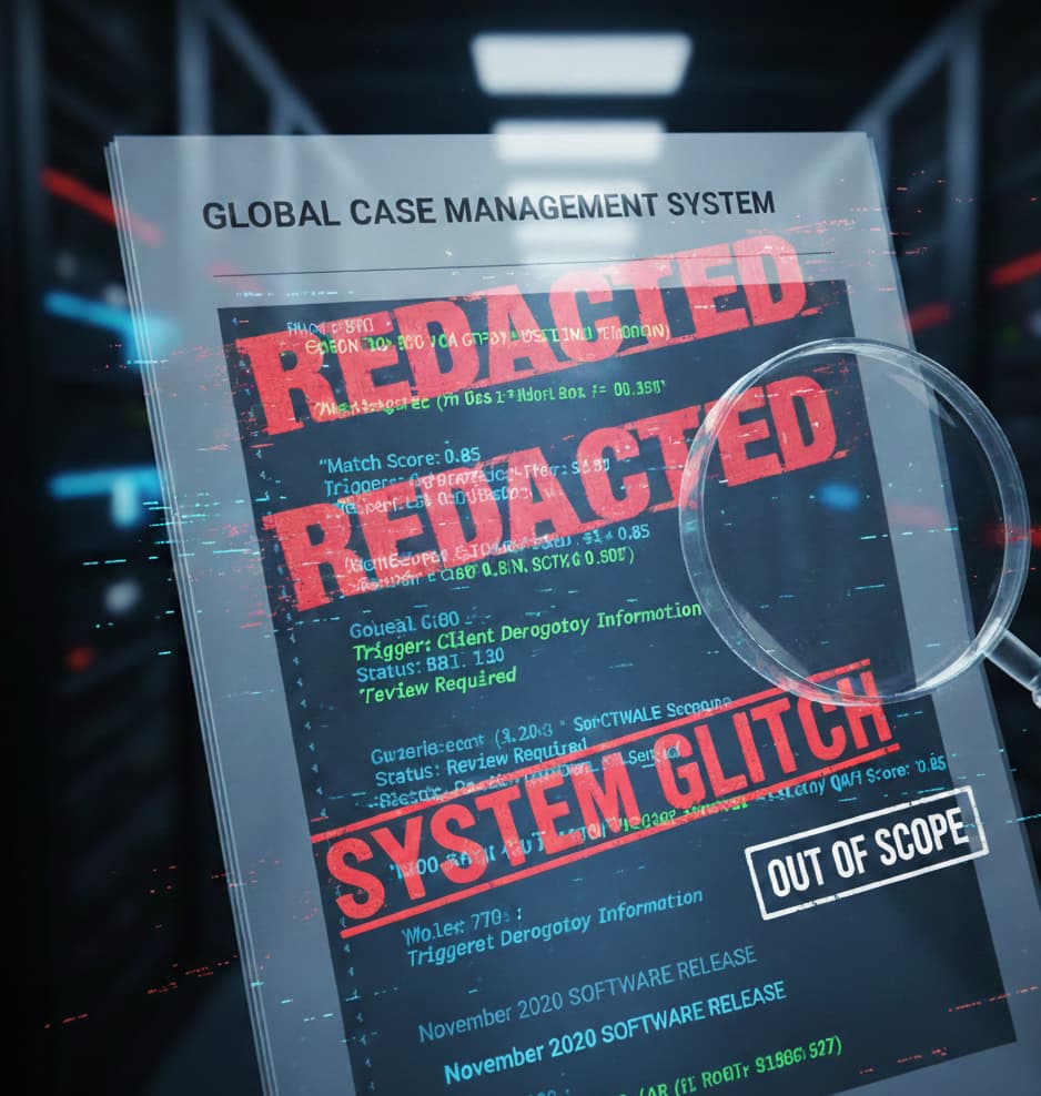A digital GCMS document showing redacted text and system glitch stamps with server racks in the background.