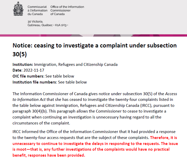 OIC Notice: ceasing to investigate a complaint under subsection 30(5)